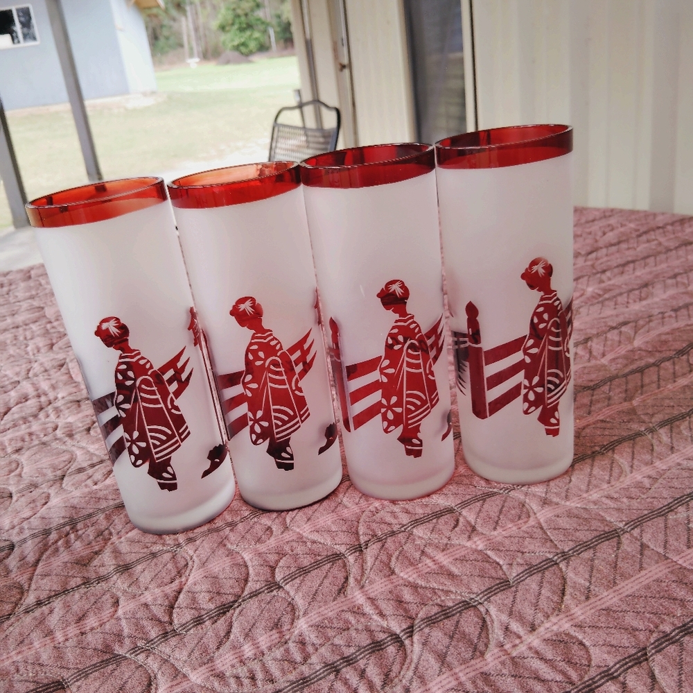 Vintage MCM Noritake Frosted Ruby Red Tall Collins Drinking Glasses Barware Bar